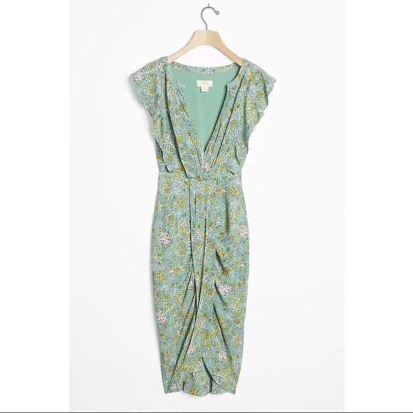 NEW Anthropologie Maeve Blossom Floral Ruffled Deep V-Neck Mini Dress 6 Petite - Picture 4 of 5